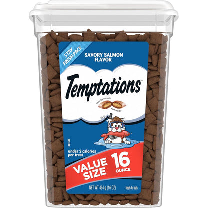 Temptations Classic Cat Treats Savory Salmon Flavor 16 oz Tub Crunchy Outside Soft Inside for Adult Cats