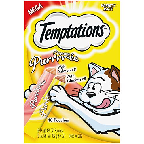Temptations Puree Cat Treats, 16 Ct, Chicken & Salmon, 0.42 oz Each, Lickable, Squeezable, Variety Pack