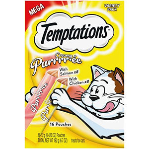 Temptations Puree Cat Treats, 16 Ct, Chicken & Salmon, 0.42 oz Each, Lickable, Squeezable, Variety Pack