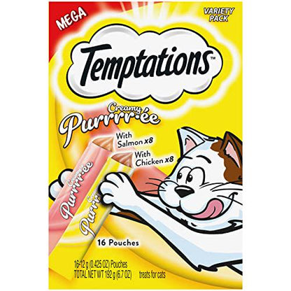 Temptations Puree Cat Treats, 16 Ct, Chicken & Salmon, 0.42 oz Each, Lickable, Squeezable, Variety Pack