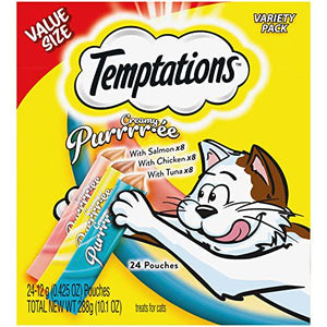 Temptations Creamy Puree Lickable Cat Treats Variety 24 Pack Chicken Tuna Salmon 0.425 oz Pouches