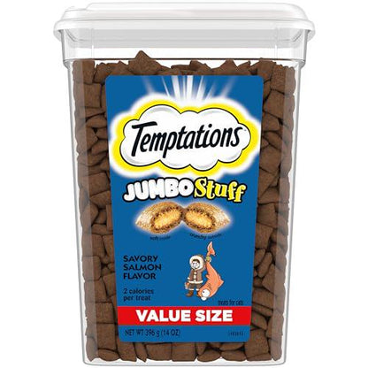 Temptations Jumbo Stuff Cat Treats 14 oz Tub Savory Salmon Flavor Crunchy Outside Soft Inside Treats for Adult Cats