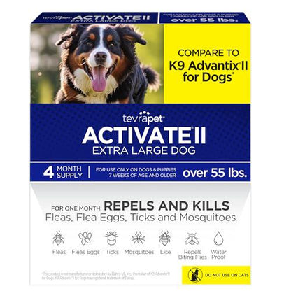 TevraPet Activate II Flea & Tick Drops for Dogs Over 55 lbs, 4 Month Supply, Waterproof Treatment