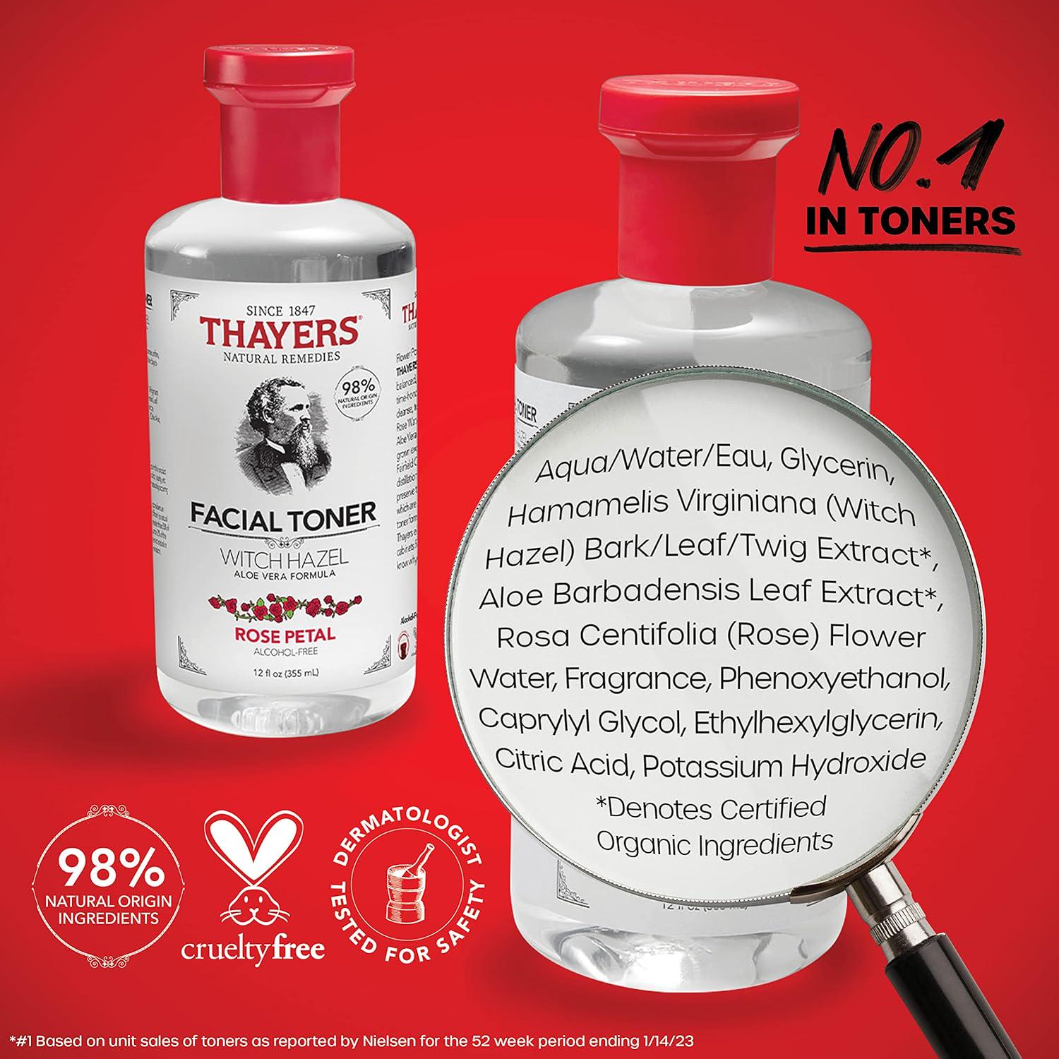 Thayers Alcohol-Free, Hydrating Rose Petal Witch Hazel Facial Toner With Aloe Vera Formula, Vegan, Dermatologist Tested And Recommended, 12 Oz (Pack Of 2),