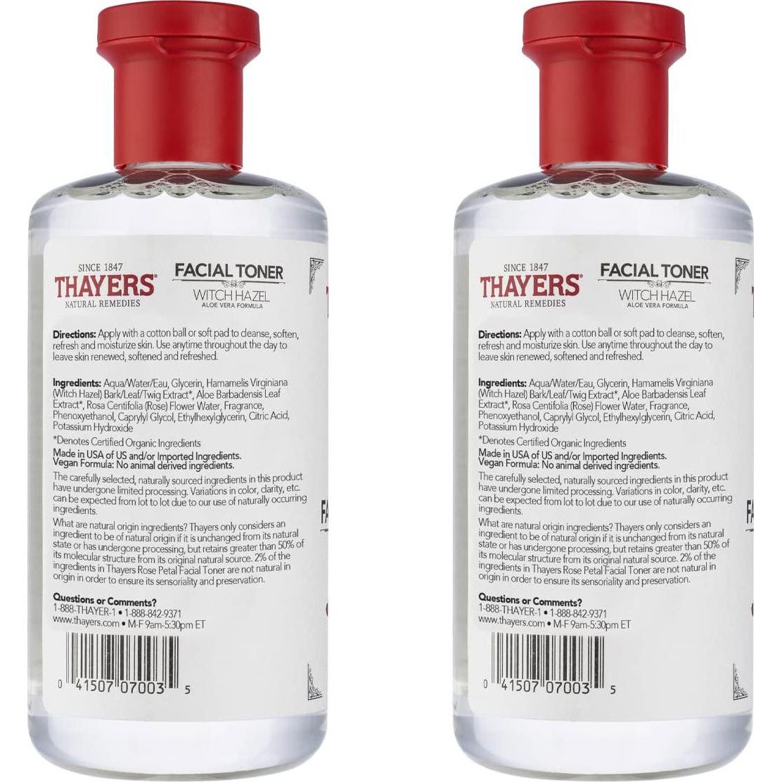 Thayers Alcohol-Free, Hydrating Rose Petal Witch Hazel Facial Toner With Aloe Vera Formula, Vegan, Dermatologist Tested And Recommended, 12 Oz (Pack Of 2),