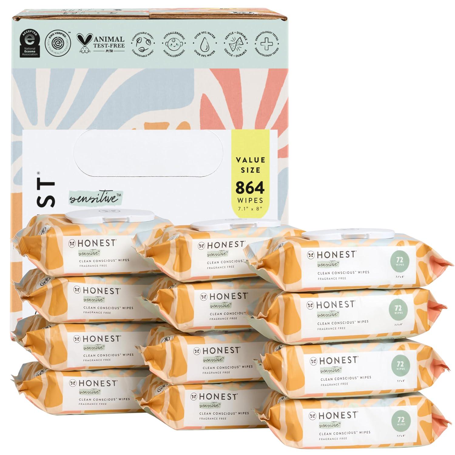 The Honest Company Clean Conscious Unscented Wipes | Over 99% Water, Compostable, Plant-Based, Baby Wipes | Hypoallergenic For Sensitive Skin, EWG Verified | Sunburst, 864 Count,