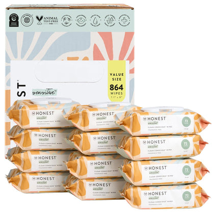 The Honest Company Clean Conscious Unscented Wipes | Over 99% Water, Compostable, Plant-Based, Baby Wipes | Hypoallergenic For Sensitive Skin, EWG Verified | Sunburst, 864 Count,
