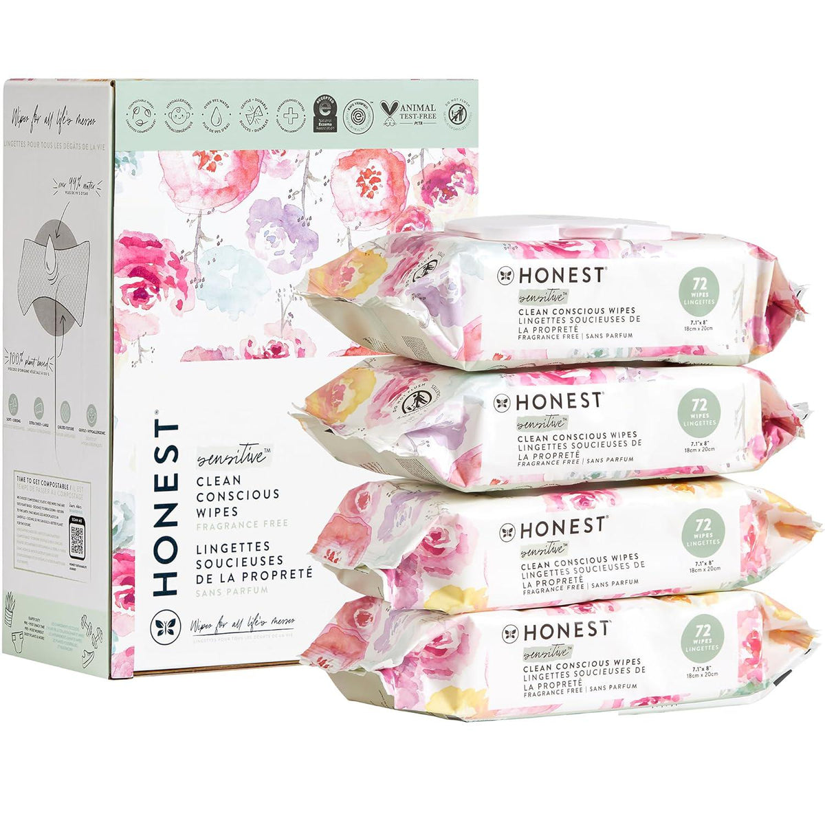 The Honest Company Clean Conscious Unscented Wipes | Over 99% Water, Compostable, Plant-Based, Baby Wipes | Hypoallergenic For Sensitive Skin, EWG Verified | Rose Blossom, 288 Count,