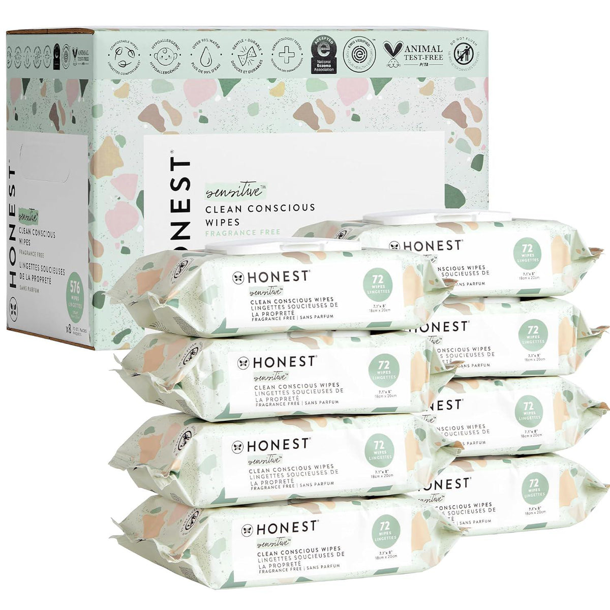 The Honest Company Clean Conscious Unscented Wipes | Over 99% Water, Compostable, Plant-Based, Baby Wipes | Hypoallergenic For Sensitive Skin, EWG Verified | Geo Mood, 576 Count,