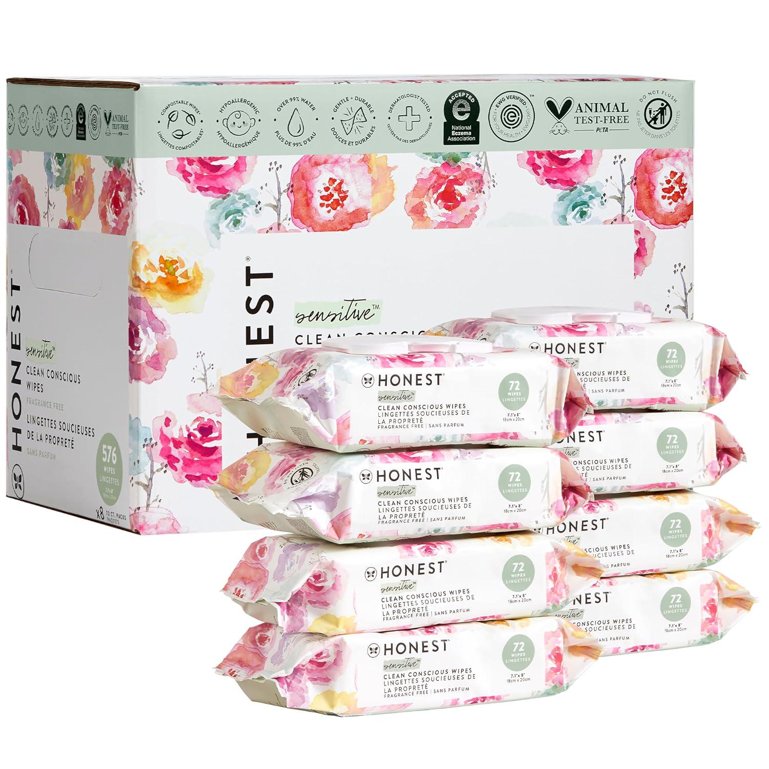 The Honest Company Clean Conscious Unscented Wipes | Over 99% Water, Compostable, Plant-Based, Baby Wipes | Hypoallergenic For Sensitive Skin, EWG Verified | Rose Blossom, 576 Count,