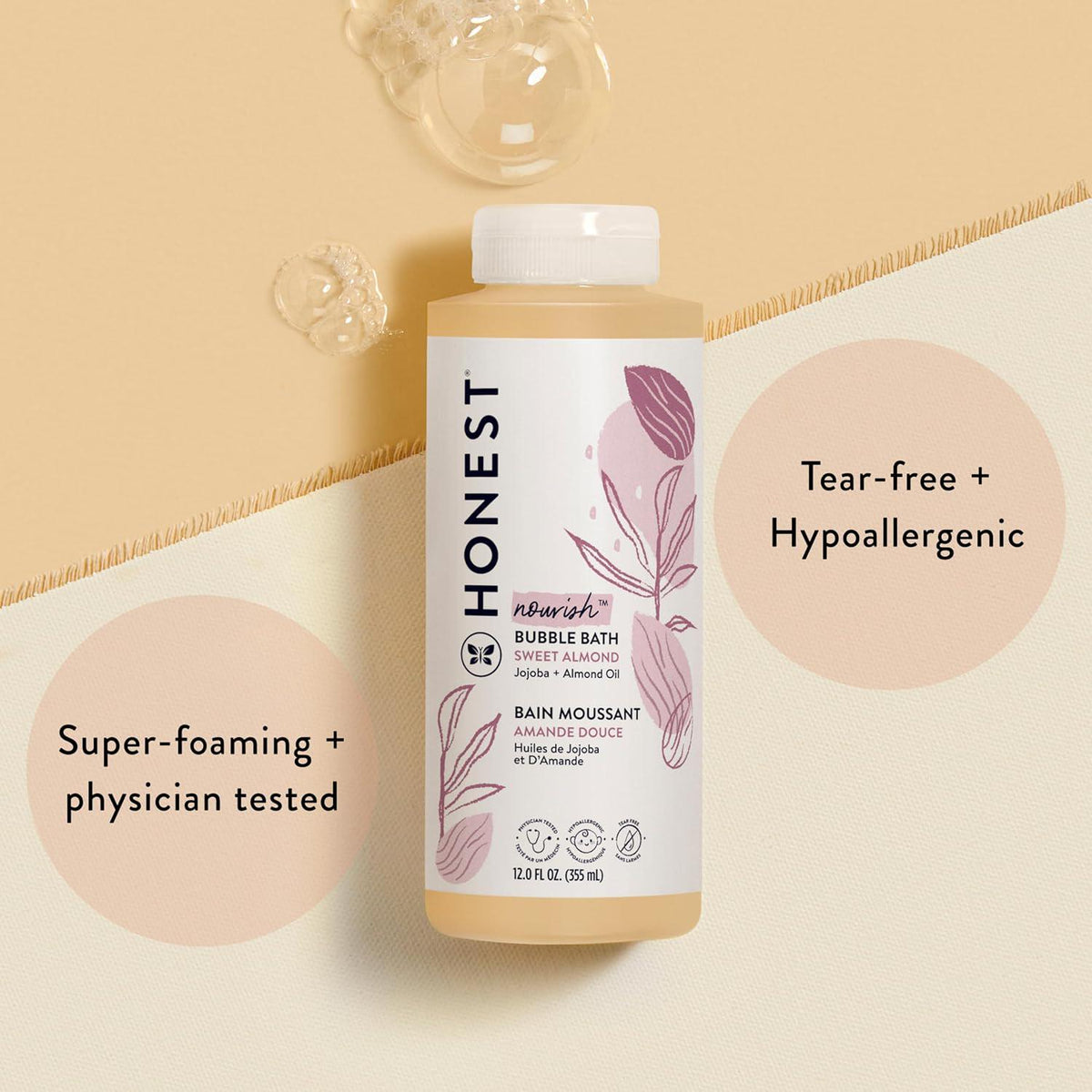 The Honest Company Foaming Bubble Bath | Gentle For Baby | Naturally Derived, Tear-free, Hypoallergenic | Sweet Almond Nourish, 12 Fl Oz,