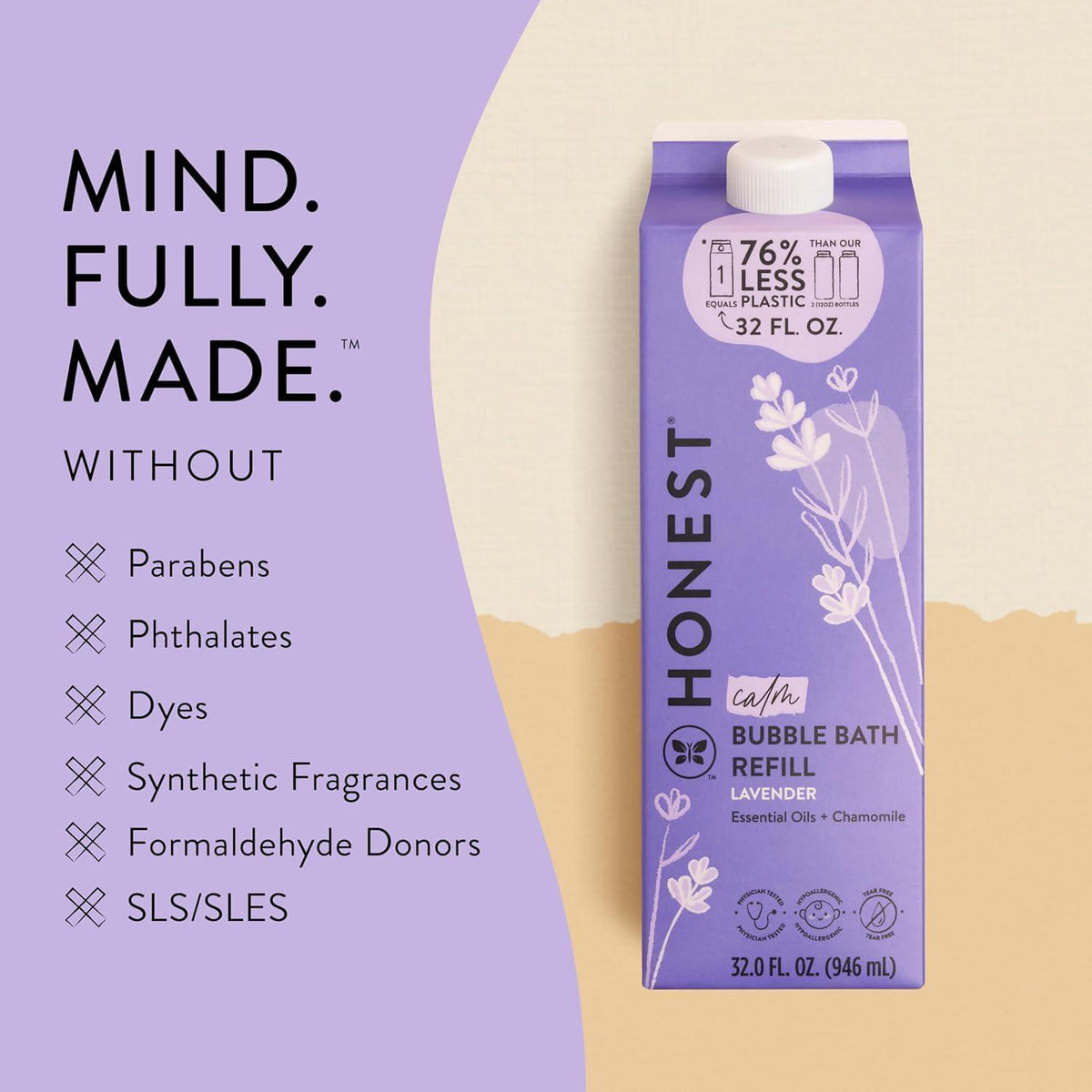 The Honest Company Foaming Bubble Bath Refill Carton | Gentle For Baby | Naturally Derived, Tear-Free, Hypoallergenic | Lavender Calm, 32 Fl Oz,