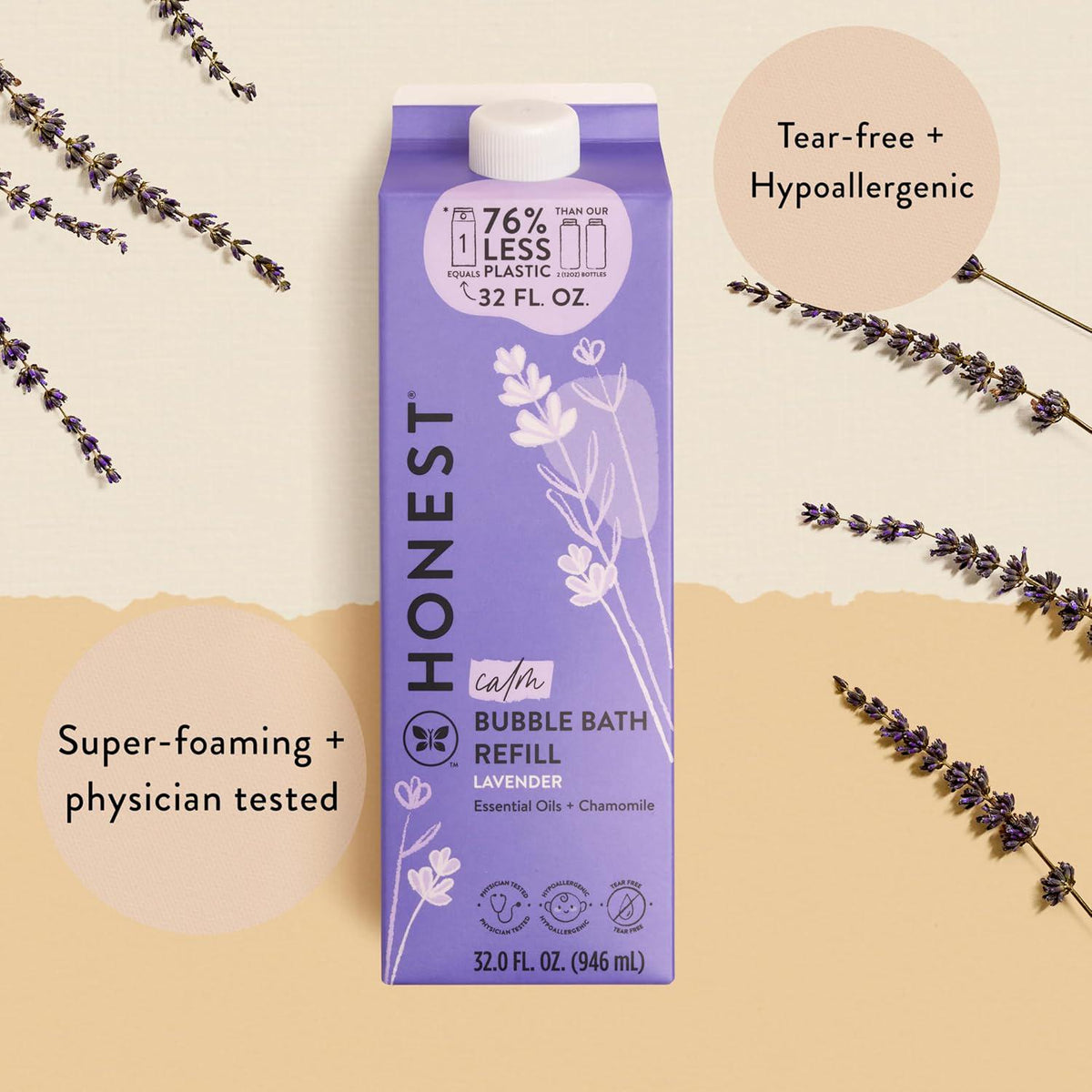 The Honest Company Foaming Bubble Bath Refill Carton | Gentle For Baby | Naturally Derived, Tear-Free, Hypoallergenic | Lavender Calm, 32 Fl Oz,