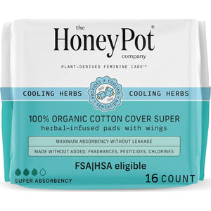 The Honey Pot Company Herbal Pads for Women, Super Absorbency, Infused with Essential Oils for Cooling Effect, Organic Cotton Cover, 16 Count