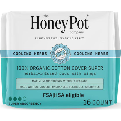 The Honey Pot Company Herbal Pads for Women, Super Absorbency, Infused with Essential Oils for Cooling Effect, Organic Cotton Cover, 16 Count