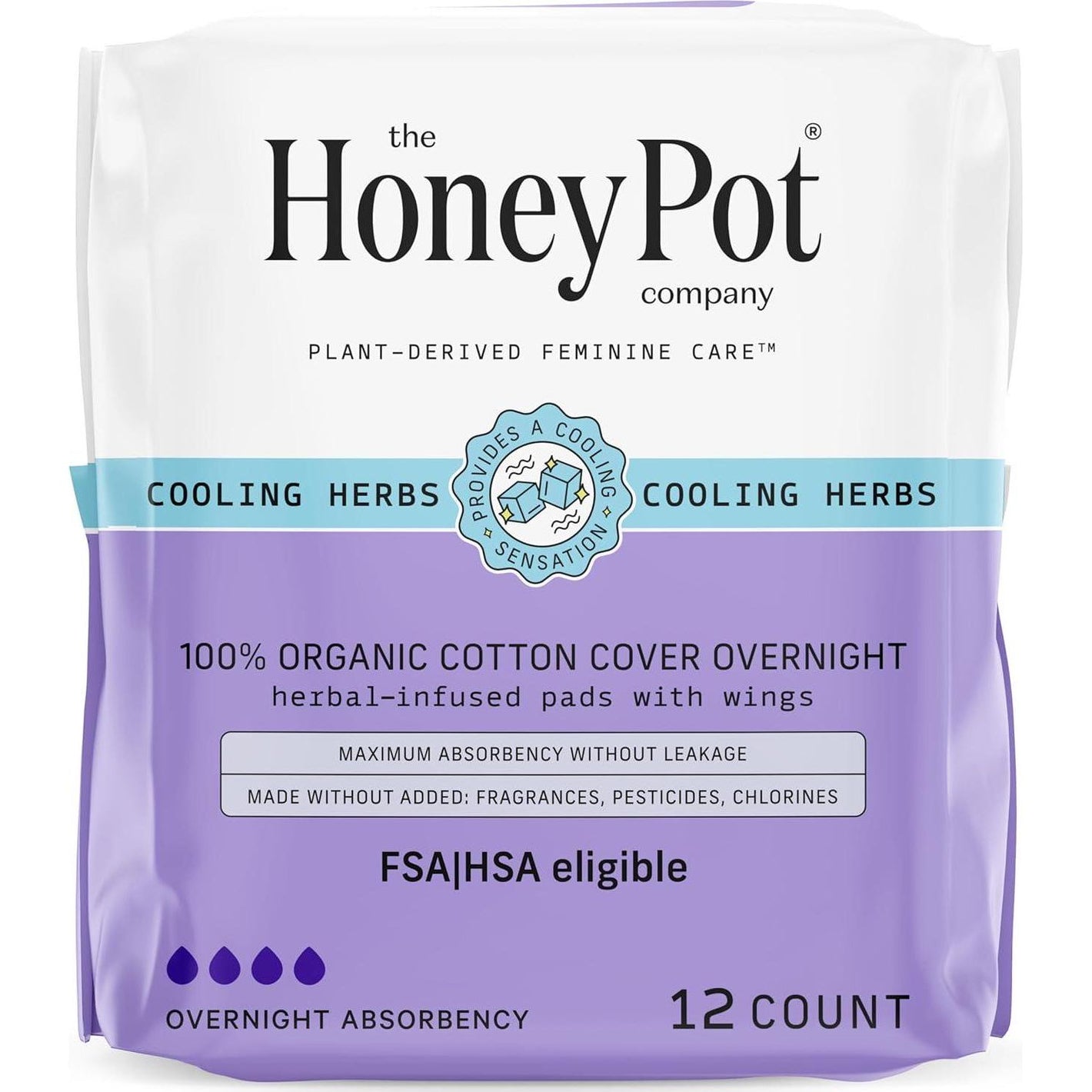The Honey Pot Company The Honey Pot Company - Herbal Pads For Women - Overnight W/Wings - Infused W/Essential Oils For Cooling Effect And Organic Cotton Cover - Feminine Care - FSA And HSA Eligible - 12 Ct
