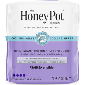 The Honey Pot Company The Honey Pot Company - Herbal Pads For Women - Overnight W/Wings - Infused W/Essential Oils For Cooling Effect And Organic Cotton Cover - Feminine Care - FSA And HSA Eligible - 12 Ct