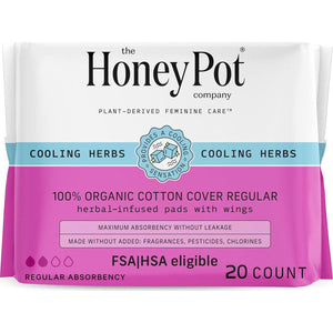 The Honey Pot Company Herbal Sanitary Pads for Women, Regular Flow with Wings, Infused with Essential Oils for Cooling Effect, Organic Cotton Cover, 20 ct