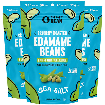 The Only Bean The Only Bean - Crunchy Roasted Edamame Beans (Sea Salt) - Keto Snacks (2g Net) - High Protein Healthy Snacks (14g Protein) - Low Carb And Calorie, Gluten-Free Snack, Vegan Food - 4 Oz (3 Pack)