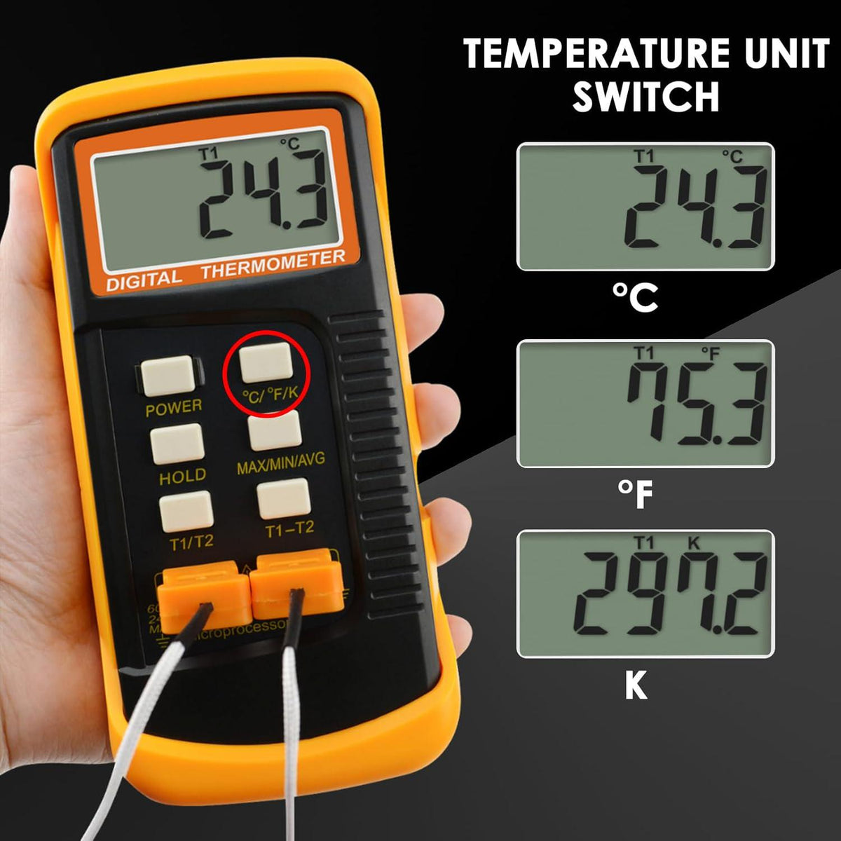 Thermocouple Thermometer Digital K Type Thermometer HVAC Thermometer Dual Temperature Meter With 4 Thermocouples, MAX/MIN/AVG Temperature Measurement, -50~1300°C (-58~2372°F),