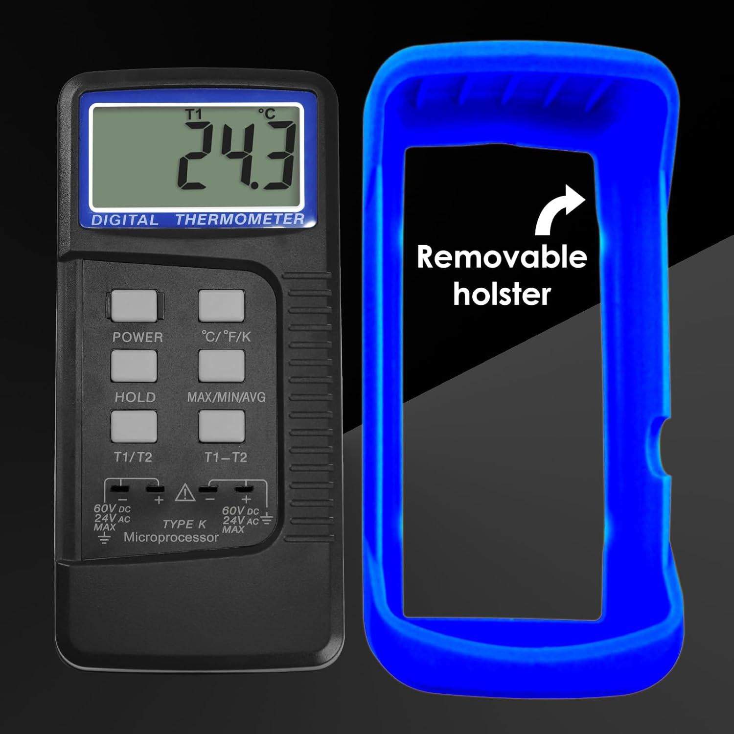 Thermocouple Thermometer Digital K Type Thermometer HVAC Thermometer Dual Temperature Meter With 4 Thermocouples, MAX/MIN/AVG Temperature Measurement, -50~1300°C (-58~2372°F), Blue,