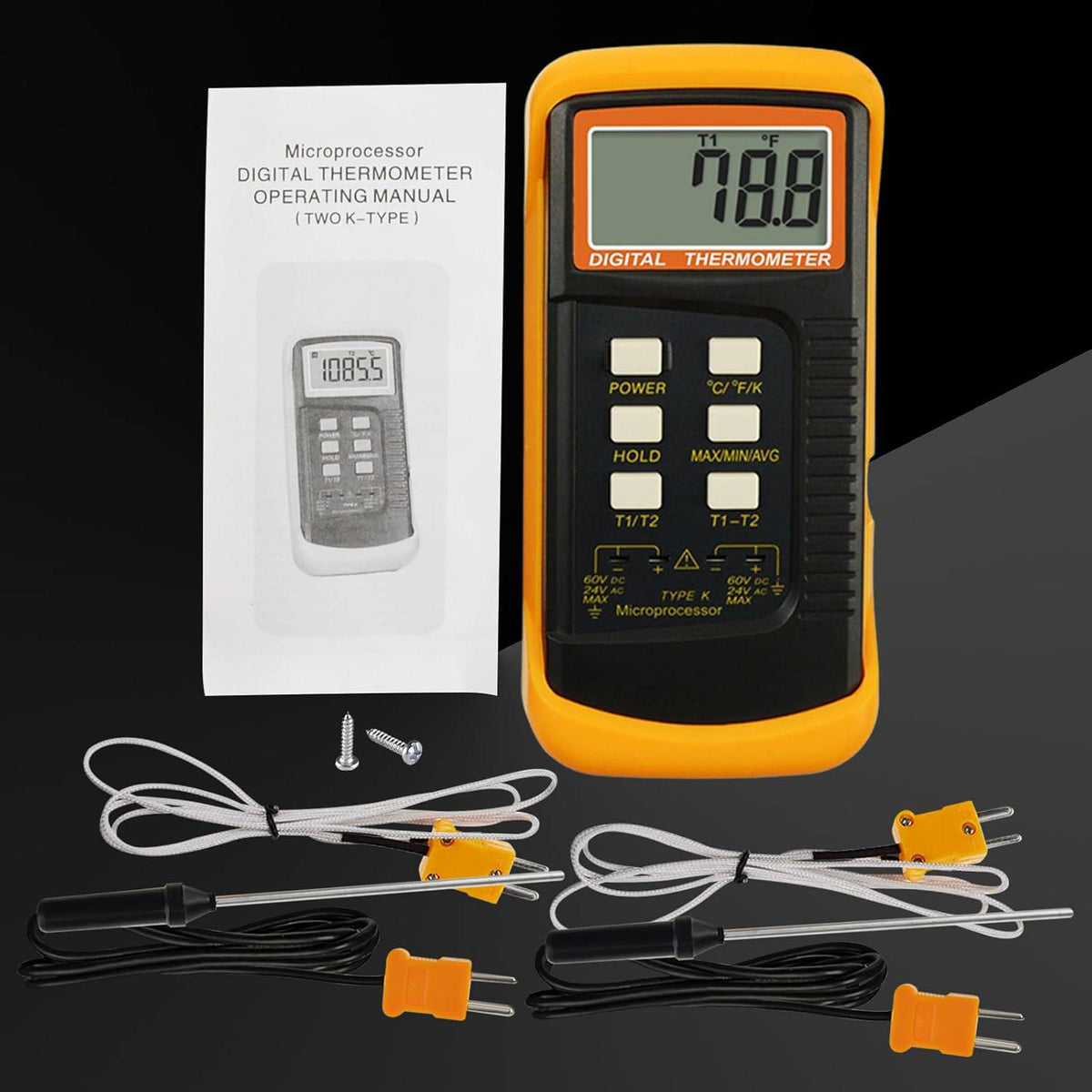 Thermocouple Thermometer Digital K Type Thermometer HVAC Thermometer Dual Temperature Meter With 4 Thermocouples, MAX/MIN/AVG Temperature Measurement, -50~1300°C (-58~2372°F),