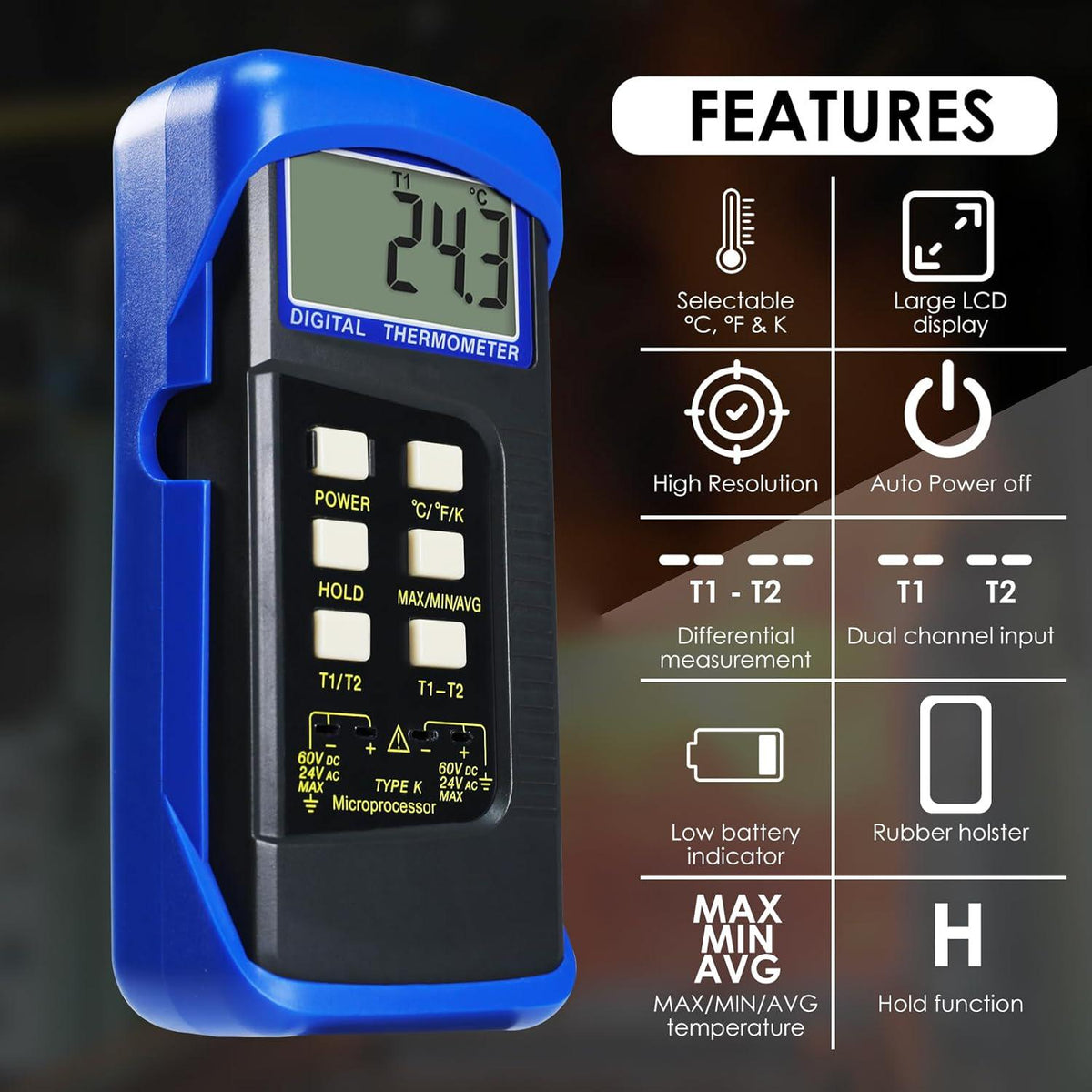 Thermocouple Thermometer Digital K Type Thermometer HVAC Thermometer Dual Temperature Meter With 4 Thermocouples, MAX/MIN/AVG Temperature Measurement, -50~1300°C (-58~2372°F), Blue,