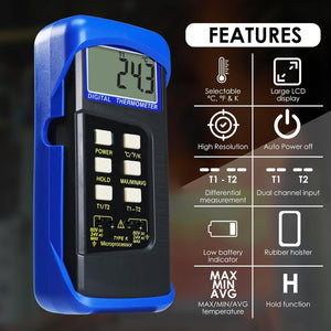 Thermocouple Thermometer Digital K Type Thermometer HVAC Thermometer Dual Temperature Meter With 4 Thermocouples, MAX/MIN/AVG Temperature Measurement, -50~1300°C (-58~2372°F), Blue,