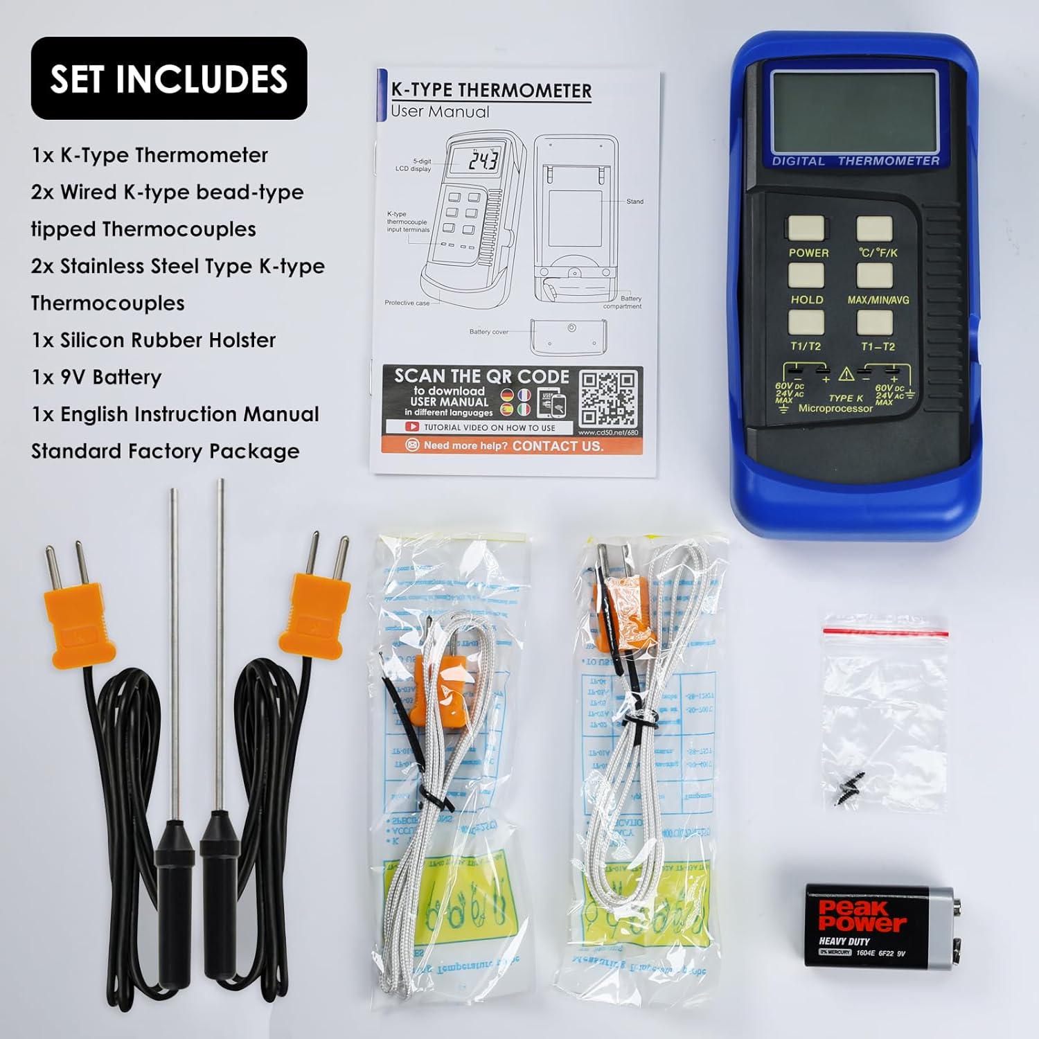 Thermocouple Thermometer Digital K Type Thermometer HVAC Thermometer Dual Temperature Meter With 4 Thermocouples, MAX/MIN/AVG Temperature Measurement, -50~1300°C (-58~2372°F), Blue,