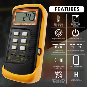 Thermocouple Thermometer Digital K Type Thermometer HVAC Thermometer Dual Temperature Meter With 4 Thermocouples, MAX/MIN/AVG Temperature Measurement, -50~1300°C (-58~2372°F),
