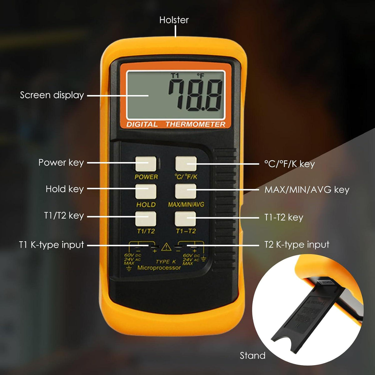 Thermocouple Thermometer Digital K Type Thermometer HVAC Thermometer Dual Temperature Meter With 4 Thermocouples, MAX/MIN/AVG Temperature Measurement, -50~1300°C (-58~2372°F),