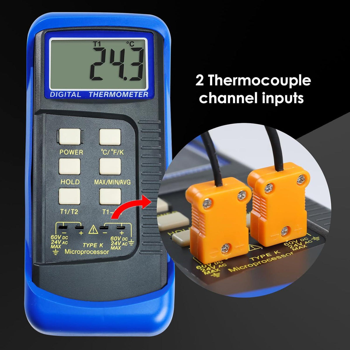 Thermocouple Thermometer Digital K Type Thermometer HVAC Thermometer Dual Temperature Meter With 4 Thermocouples, MAX/MIN/AVG Temperature Measurement, -50~1300°C (-58~2372°F), Blue,