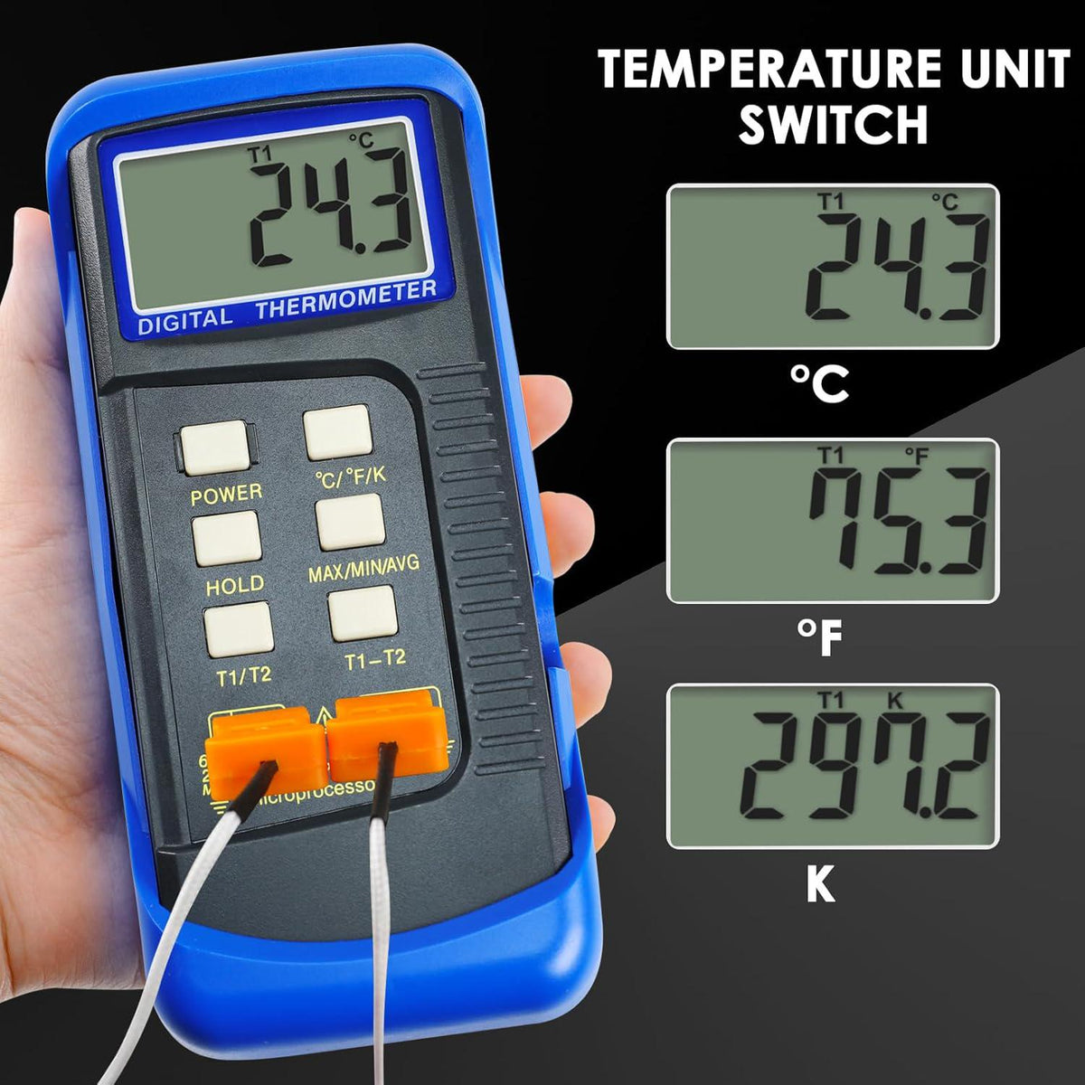 Thermocouple Thermometer Digital K Type Thermometer HVAC Thermometer Dual Temperature Meter With 4 Thermocouples, MAX/MIN/AVG Temperature Measurement, -50~1300°C (-58~2372°F), Blue,