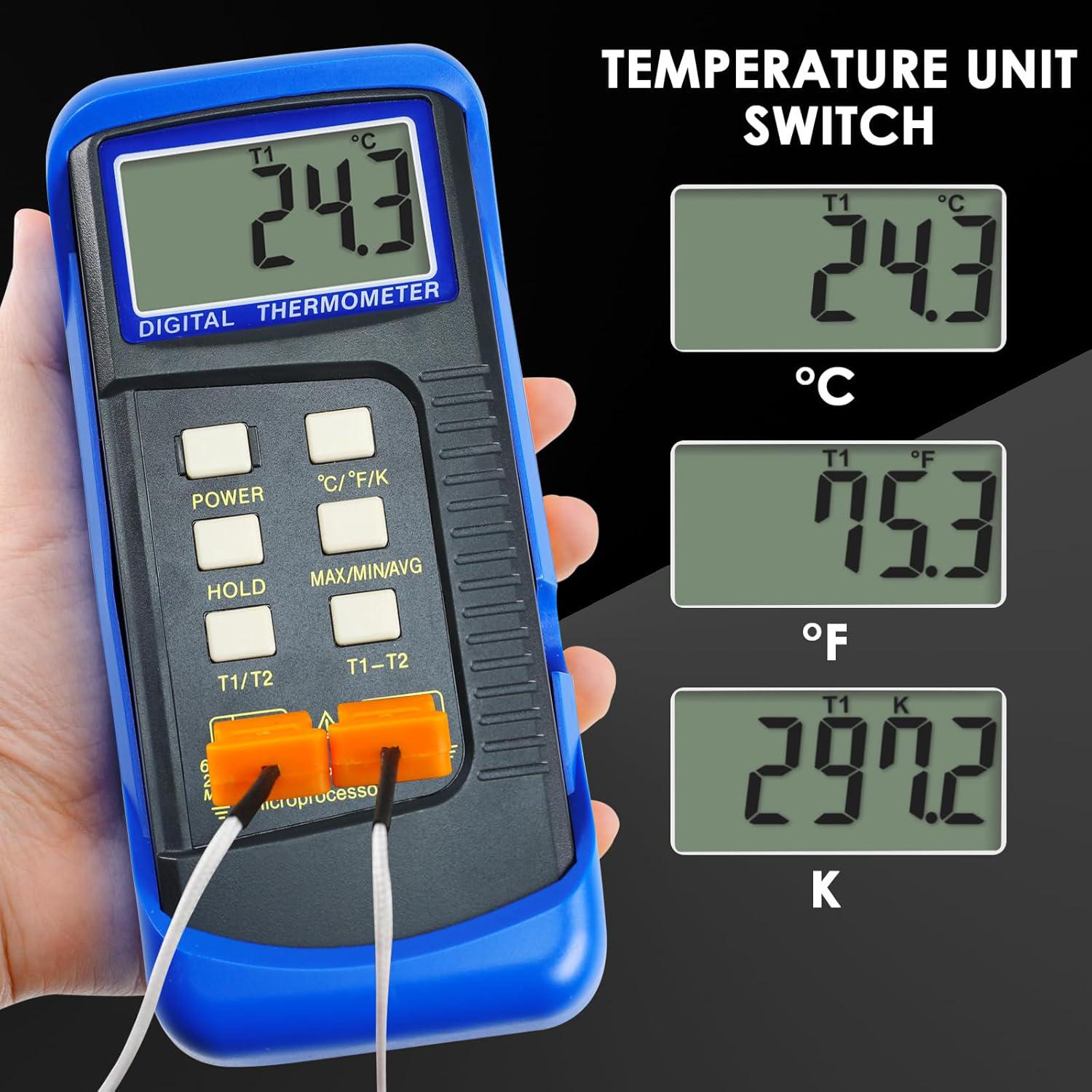 Thermocouple Thermometer Digital K Type Thermometer HVAC Thermometer Dual Temperature Meter With 4 Thermocouples, MAX/MIN/AVG Temperature Measurement, -50~1300°C (-58~2372°F), Blue,