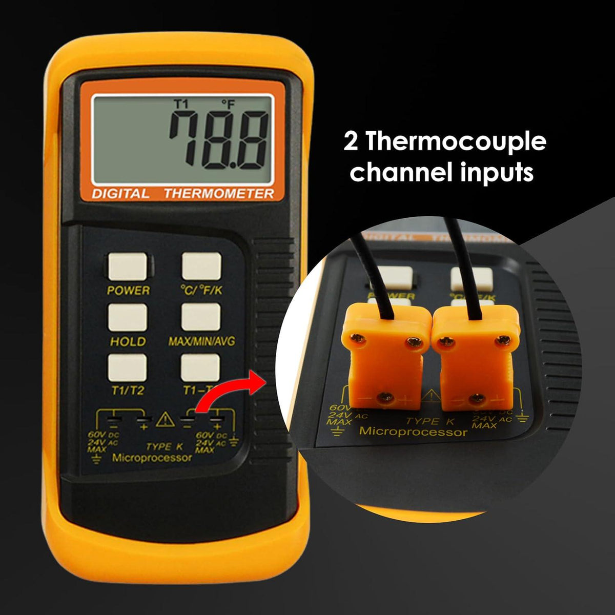 Thermocouple Thermometer Digital K Type Thermometer HVAC Thermometer Dual Temperature Meter With 4 Thermocouples, MAX/MIN/AVG Temperature Measurement, -50~1300°C (-58~2372°F),