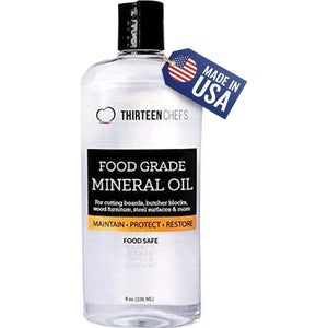 Thirteen Chefs Mineral Oil, Food Grade, 8 oz, Conditioner for Wood Cutting Boards, Countertops & Butcher Blocks, Safe USP Finish on Marble & Soapstone
