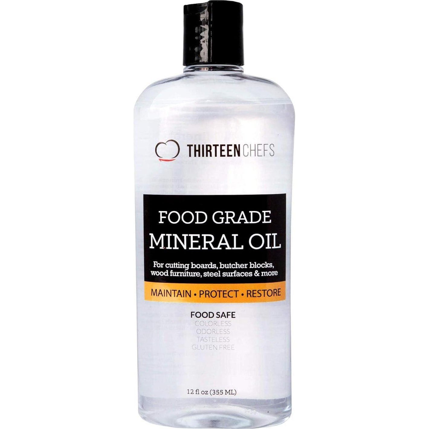 Thirteen Chefs Thirteen Chefs Mineral Oil - 12oz Food Grade Conditioner For Wood Cutting Board, Countertop And Butcher Block, Lubricant For Knife Or Meat Grinder - Safe USP Finish On Marble, Soapstone