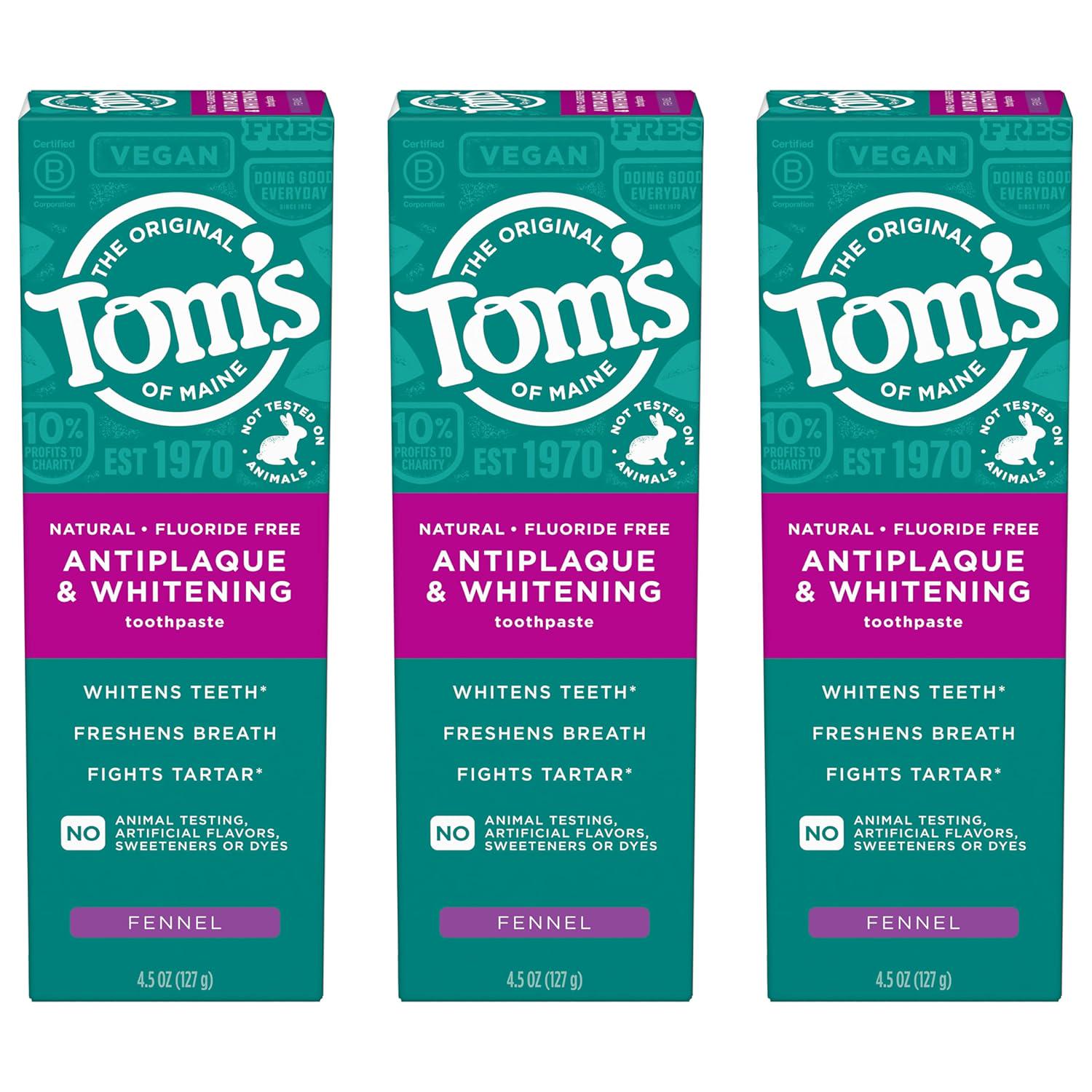 Tom S Of Maine Antiplaque And Whitening Toothpaste, Fluoride Free, Fennel, 3 Pack, 4.5 Oz,