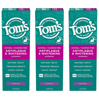 Tom S Of Maine Antiplaque And Whitening Toothpaste, Fluoride Free, Fennel, 3 Pack, 4.5 Oz,