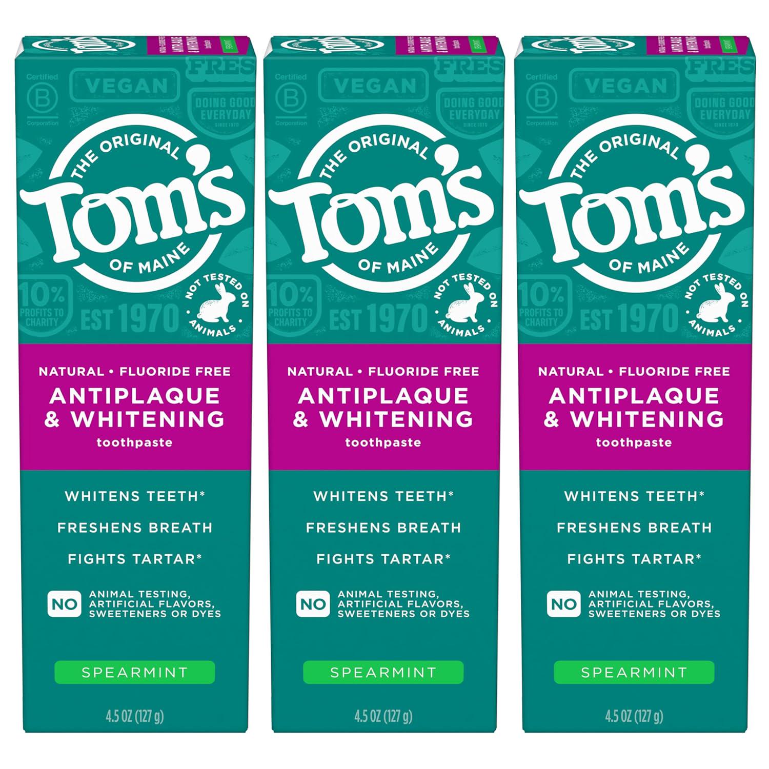 Tom's Of Maine Fluoride-Free Antiplaque And Whitening Natural Toothpaste, Spearmint, 4.5 Oz. 3-Pack,