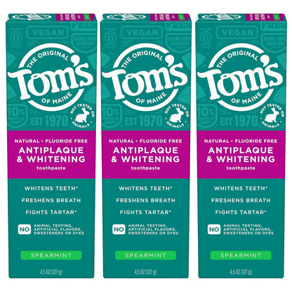 Tom's Of Maine Fluoride-Free Antiplaque And Whitening Natural Toothpaste, Spearmint, 4.5 Oz. 3-Pack,