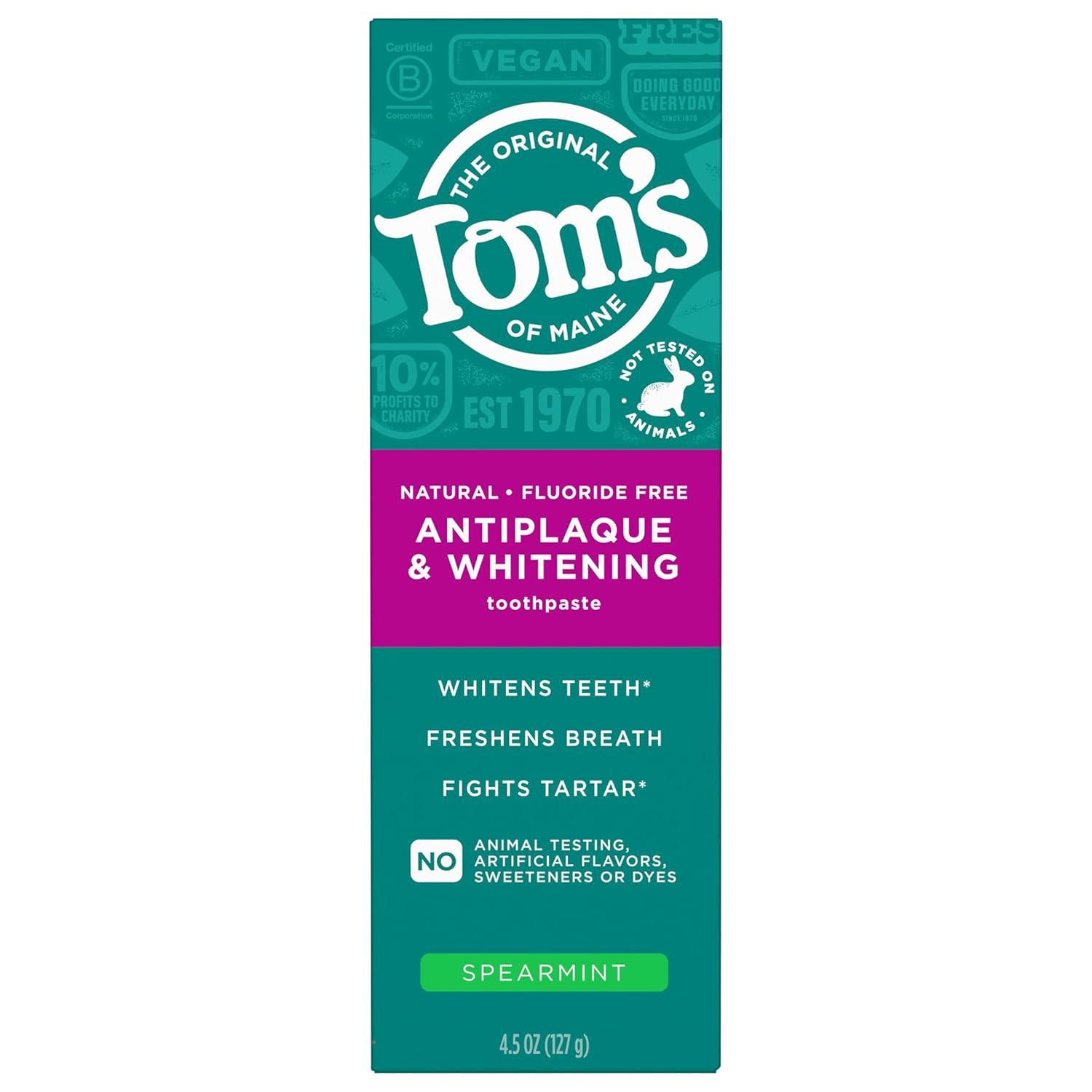 Tom's Of Maine Fluoride-Free Antiplaque And Whitening Natural Toothpaste, Spearmint, 4.5 Oz. 3-Pack,
