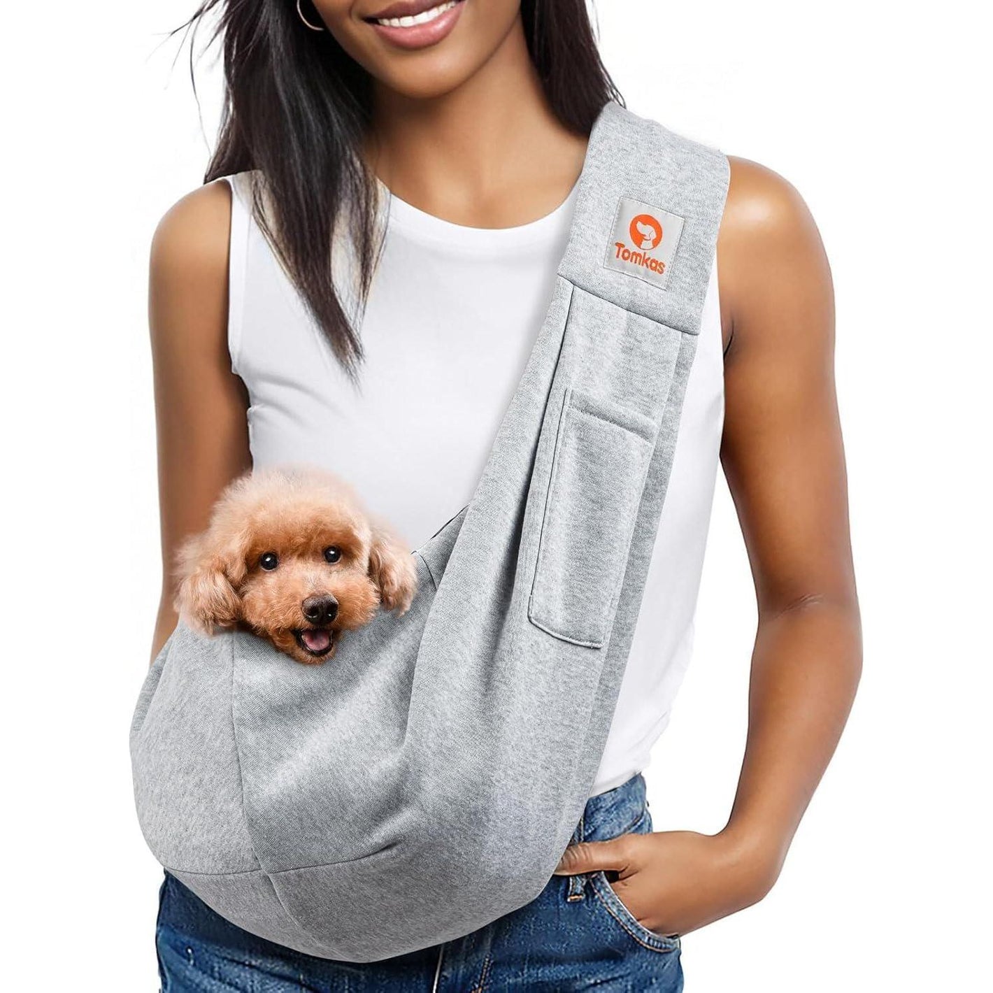 Tomkas Small Dog Sling Carrier Grey Classic Strap for Pets 3 to 10 lbs with Pocket