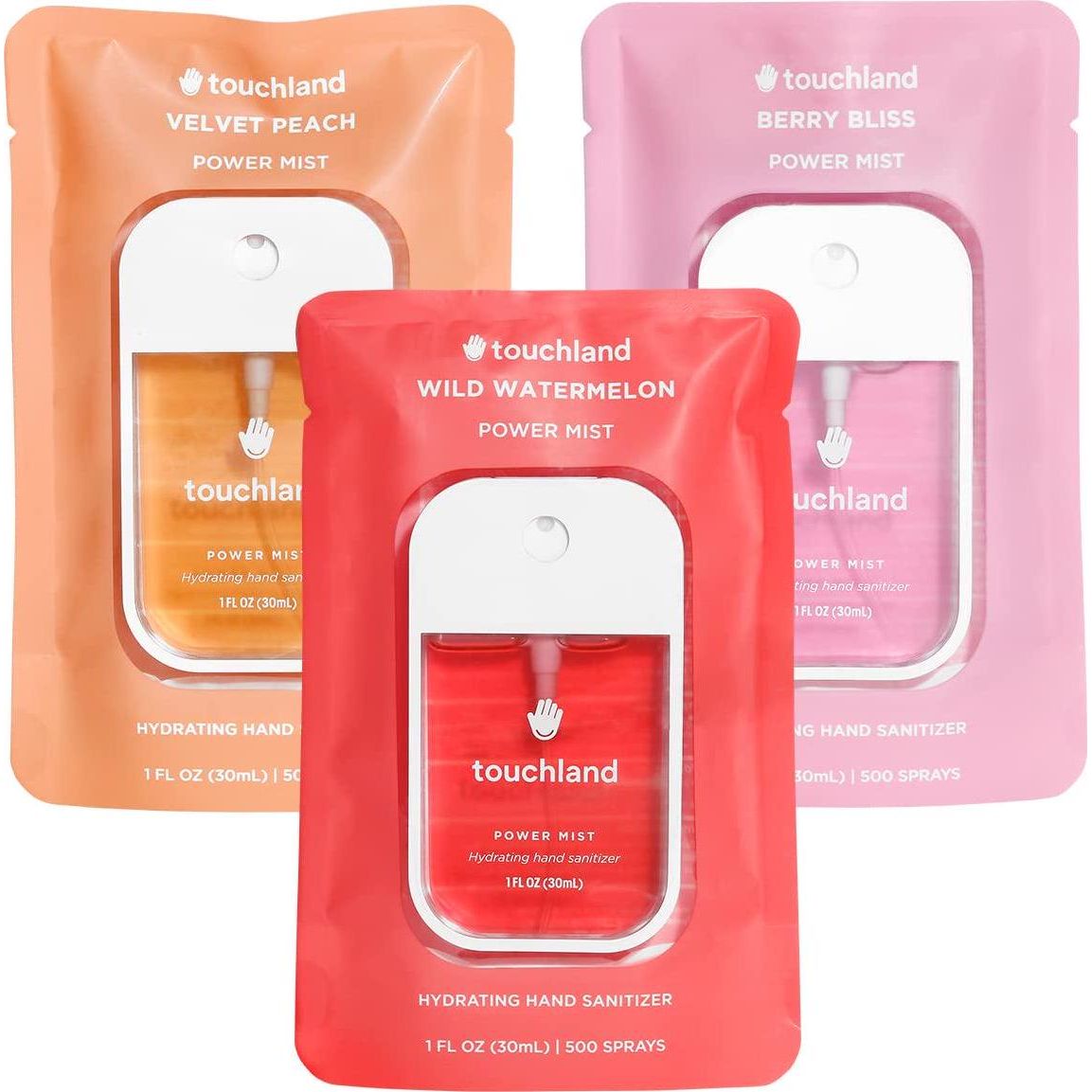 Touchland Power Mist Hydrating Hand Sanitizer Spray, Juicy Trio Set (Watermelon, Peach & Berry), 1oz Travel Size, Set of 3