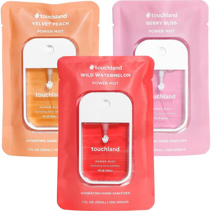 Touchland Power Mist Hydrating Hand Sanitizer Spray, Juicy Trio Set (Watermelon, Peach & Berry), 1oz Travel Size, Set of 3