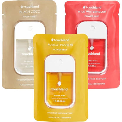 Touchland Power Mist Hydrating Hand Sanitizer Spray, Tropical Trio Set (Mango Passion, Beach Coco, Watermelon), 1oz, Set of 3