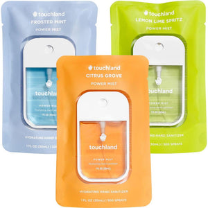 Touchland Hydrating Hand Sanitizer Power Mist, Fresh Trio Set (Mint, Citrus, Lemon-Lime), 1 fl oz Travel Size, Set of 3