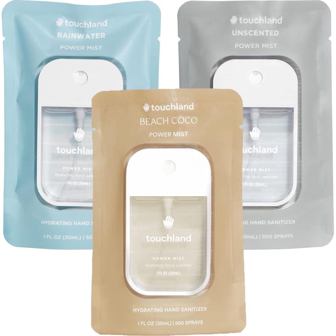 Touchland Power Mist Hydrating Hand Sanitizer Spray, Dye-Free Trio Set (Rainwater, Unscented, Beach Coco), 1oz Travel Size Set of 3