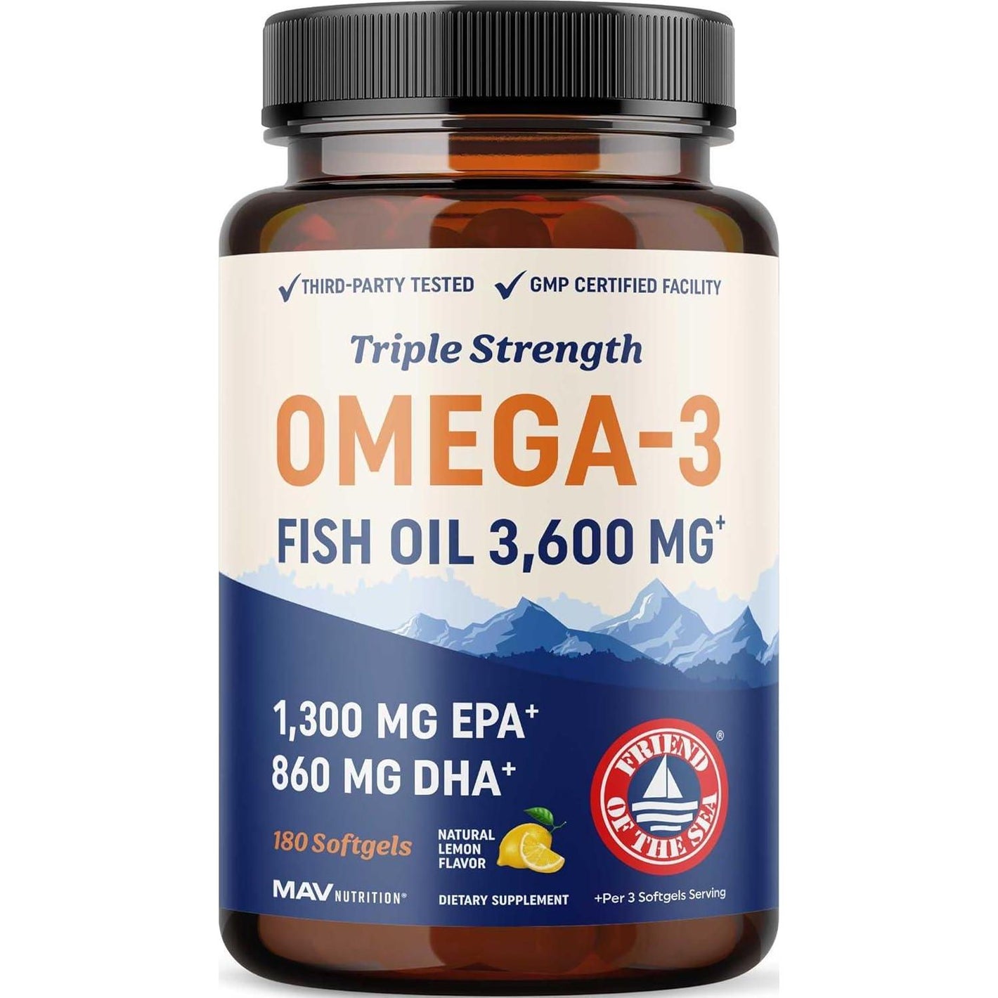 MAV Nutrition Triple Strength Omega-3 Fish Oil, 3600mg, EPA & DHA (2100mg Omega-3 Fatty Acids), 1300mg EPA, 860mg DHA, Burpless Fish Oil, 180ct