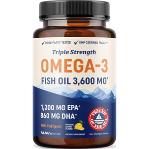 MAV Nutrition Triple Strength Omega-3 Fish Oil, 3600mg, EPA & DHA (2100mg Omega-3 Fatty Acids), 1300mg EPA, 860mg DHA, Burpless Fish Oil, 180ct